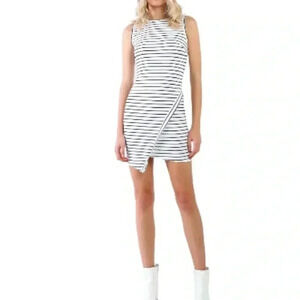 Asos Daily Look White & Black Striped Sleeveless Asymmetrical Fitted Mini Dress